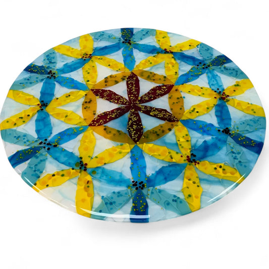 Flower of Life Rotating Serving Tray - Turquoise and Yellow